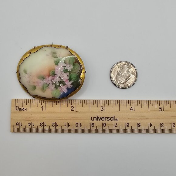 Antique Hand-Painted Porcelain Floral Brooch Victorian C-Clasp Pink Romantic Pin - Picture 13 of 13